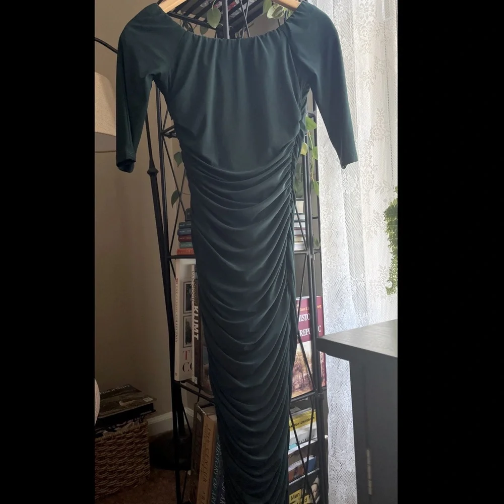 Pin-up Girl PUG Large Off-Shoulder Emerald Green Ruched Midi Dress - Picture 6 of 11